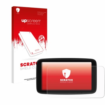 Parte frontal de un envase de producto con el logotipo de la marca upscreen. Al lado se muestra el dispositivo TomTom GO Class