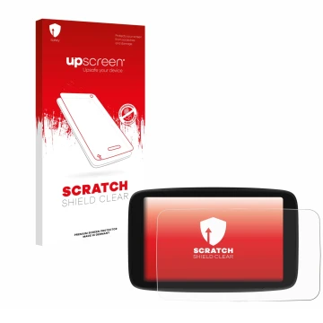 Parte frontal de un envase de producto con el logotipo de la marca upscreen. Al lado se muestra el dispositivo TomTom Go Navig