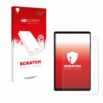 Parte frontal de un envase de producto con el logotipo de la marca upscreen. Al lado se muestra el dispositivo Alldocube iPlay