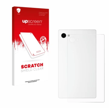 Parte frontal de un envase de producto con el logotipo de la marca upscreen. Al lado se muestra el dispositivo The Minimal Com