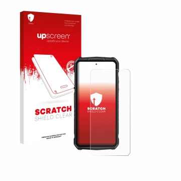 Parte frontal de un envase de producto con el logotipo de la marca upscreen. Al lado se muestra el dispositivo Ulefone Armor 2