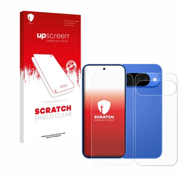 Parte frontal de un envase de producto con el logotipo de la marca upscreen. Al lado se muestra el dispositivo Google Pixel 10