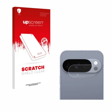 Parte frontal de un envase de producto con el logotipo de la marca upscreen. Al lado se muestra el dispositivo Google Pixel 10