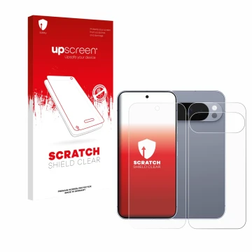 Parte frontal de un envase de producto con el logotipo de la marca upscreen. Al lado se muestra el dispositivo Google Pixel 10