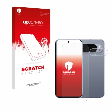 Parte frontal de un envase de producto con el logotipo de la marca upscreen. Al lado se muestra el dispositivo Google Pixel 10