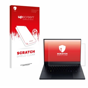 Parte frontal de un envase de producto con el logotipo de la marca upscreen. Al lado se muestra el dispositivo Razer Blade 14 