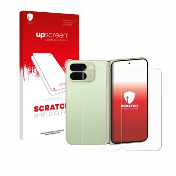 Parte frontal de un envase de producto con el logotipo de la marca upscreen. Al lado se muestra el dispositivo Google Pixel 10