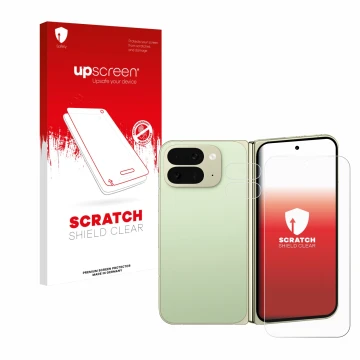 Parte frontal de un envase de producto con el logotipo de la marca upscreen. Al lado se muestra el dispositivo Google Pixel 10