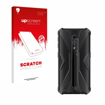 Parte frontal de un envase de producto con el logotipo de la marca upscreen. Al lado se muestra el dispositivo Ulefone Armor X