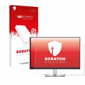 Parte frontal de un envase de producto con el logotipo de la marca upscreen. Al lado se muestra el dispositivo Dell Pro 24 Plu