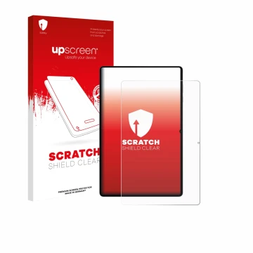 Parte frontal de un envase de producto con el logotipo de la marca upscreen. Al lado se muestra el dispositivo Samsung Galaxy 