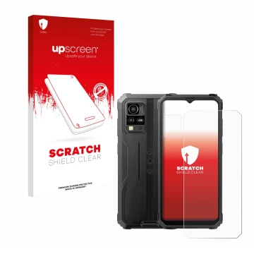 Parte frontal de un envase de producto con el logotipo de la marca upscreen. Al lado se muestra el dispositivo Blackview BV480