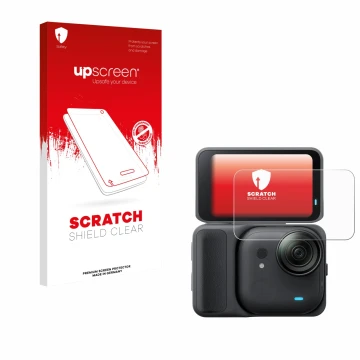 Parte frontal de un envase de producto con el logotipo de la marca upscreen. Al lado se muestra el dispositivo Insta360 Go Ult