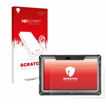 Parte frontal de un envase de producto con el logotipo de la marca upscreen. Al lado se muestra el dispositivo Getac F110 G7 c