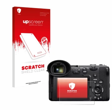 Parte frontal de un envase de producto con el logotipo de la marca upscreen. Al lado se muestra el dispositivo Sony Cinema Lin