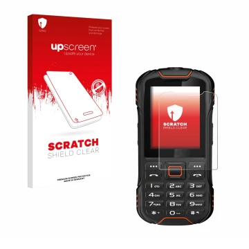 Parte frontal de un envase de producto con el logotipo de la marca upscreen. Al lado se muestra el dispositivo Gigaset GLX8 co