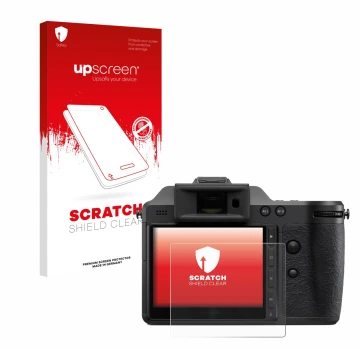 Parte frontal de un envase de producto con el logotipo de la marca upscreen. Al lado se muestra el dispositivo Hasselblad X2D 