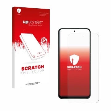 Parte frontal de un envase de producto con el logotipo de la marca upscreen. Al lado se muestra el dispositivo Honor X7d 5G co