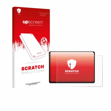 Parte frontal de un envase de producto con el logotipo de la marca upscreen. Al lado se muestra el dispositivo Honor Magicpad 