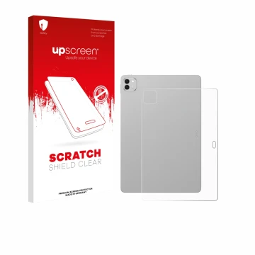 Parte frontal de un envase de producto con el logotipo de la marca upscreen. Al lado se muestra el dispositivo Honor Magicpad 