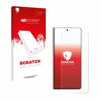 Parte frontal de un envase de producto con el logotipo de la marca upscreen. Al lado se muestra el dispositivo Honor Magic V5 