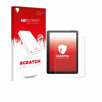 Parte frontal de un envase de producto con el logotipo de la marca upscreen. Al lado se muestra el dispositivo Bigme B6 Color 