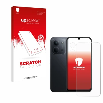 Parte frontal de un envase de producto con el logotipo de la marca upscreen. Al lado se muestra el dispositivo Xiaomi Redmi 15