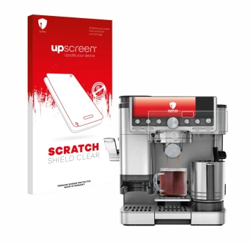 Parte frontal de un envase de producto con el logotipo de la marca upscreen. Al lado se muestra el dispositivo Ninja Luxe Cafe
