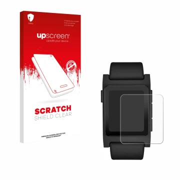 Parte frontal de un envase de producto con el logotipo de la marca upscreen. Al lado se muestra el dispositivo Pebble 2 Duo 20