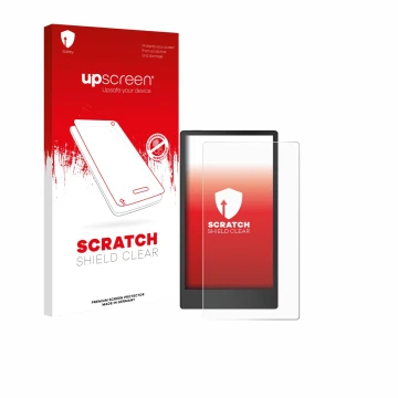 Parte frontal de un envase de producto con el logotipo de la marca upscreen. Al lado se muestra el dispositivo reMarkable Pape