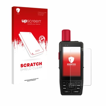 Parte frontal de un envase de producto con el logotipo de la marca upscreen. Al lado se muestra el dispositivo Garmin GPSMAP H