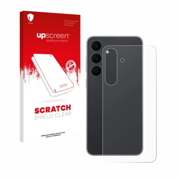 Parte frontal de un envase de producto con el logotipo de la marca upscreen. Al lado se muestra el dispositivo Samsung Galaxy 
