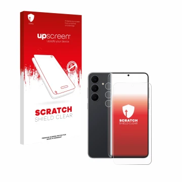 Parte frontal de un envase de producto con el logotipo de la marca upscreen. Al lado se muestra el dispositivo Samsung Galaxy 