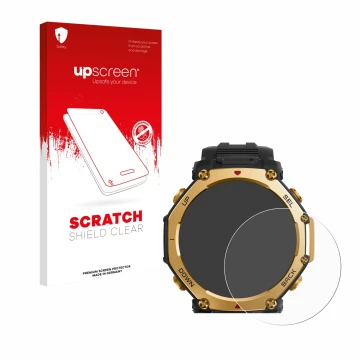 Parte frontal de un envase de producto con el logotipo de la marca upscreen. Al lado se muestra el dispositivo Huami Amazfit T