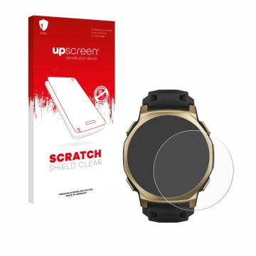 Parte frontal de un envase de producto con el logotipo de la marca upscreen. Al lado se muestra el dispositivo Huami Amazfit T