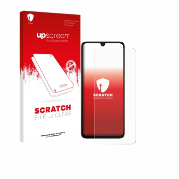 Parte frontal de un envase de producto con el logotipo de la marca upscreen. Al lado se muestra el dispositivo Motorola Moto G
