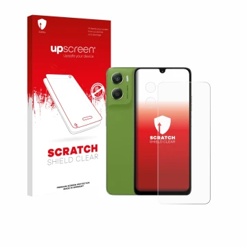 Parte frontal de un envase de producto con el logotipo de la marca upscreen. Al lado se muestra el dispositivo Motorola Moto G