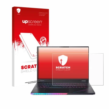 Parte frontal de un envase de producto con el logotipo de la marca upscreen. Al lado se muestra el dispositivo Acer Predator H