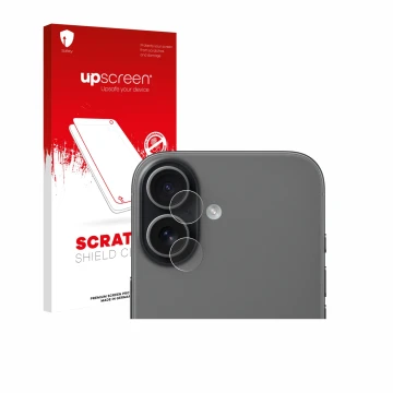 Parte frontal de un envase de producto con el logotipo de la marca upscreen. Al lado se muestra el dispositivo Apple iPhone 17