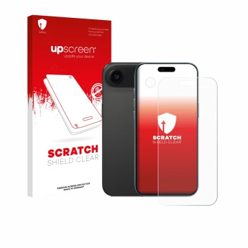 Parte frontal de un envase de producto con el logotipo de la marca upscreen. Al lado se muestra el dispositivo Apple iPhone Ai
