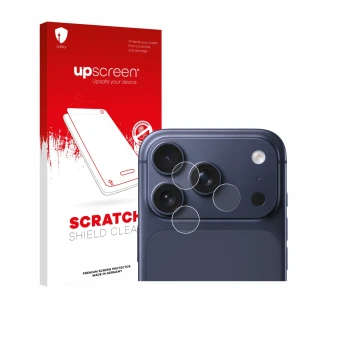 Parte frontal de un envase de producto con el logotipo de la marca upscreen. Al lado se muestra el dispositivo Apple iPhone 17