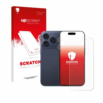 Parte frontal de un envase de producto con el logotipo de la marca upscreen. Al lado se muestra el dispositivo Apple iPhone 17