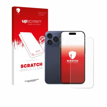 Parte frontal de un envase de producto con el logotipo de la marca upscreen. Al lado se muestra el dispositivo Apple iPhone 17