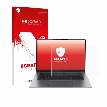 Parte frontal de un envase de producto con el logotipo de la marca upscreen. Al lado se muestra el dispositivo Lenovo ThinkPad