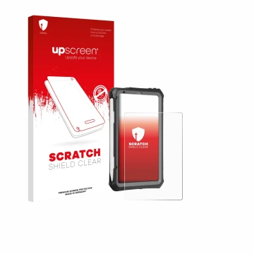 Parte frontal de un envase de producto con el logotipo de la marca upscreen. Al lado se muestra el dispositivo Apple iPad Mini