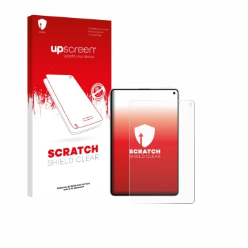Parte frontal de un envase de producto con el logotipo de la marca upscreen. Al lado se muestra el dispositivo Huawei MatePad 
