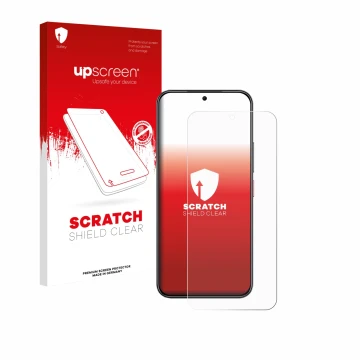 Parte frontal de un envase de producto con el logotipo de la marca upscreen. Al lado se muestra el dispositivo Nubia Air con s