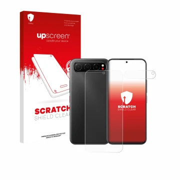 Parte frontal de un envase de producto con el logotipo de la marca upscreen. Al lado se muestra el dispositivo Nubia Air (Fron