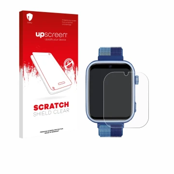 Parte frontal de un envase de producto con el logotipo de la marca upscreen. Al lado se muestra el dispositivo JoJoego 4G Smar