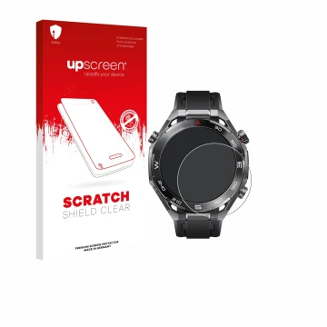 Parte frontal de un envase de producto con el logotipo de la marca upscreen. Al lado se muestra el dispositivo Huawei Watch Ul
